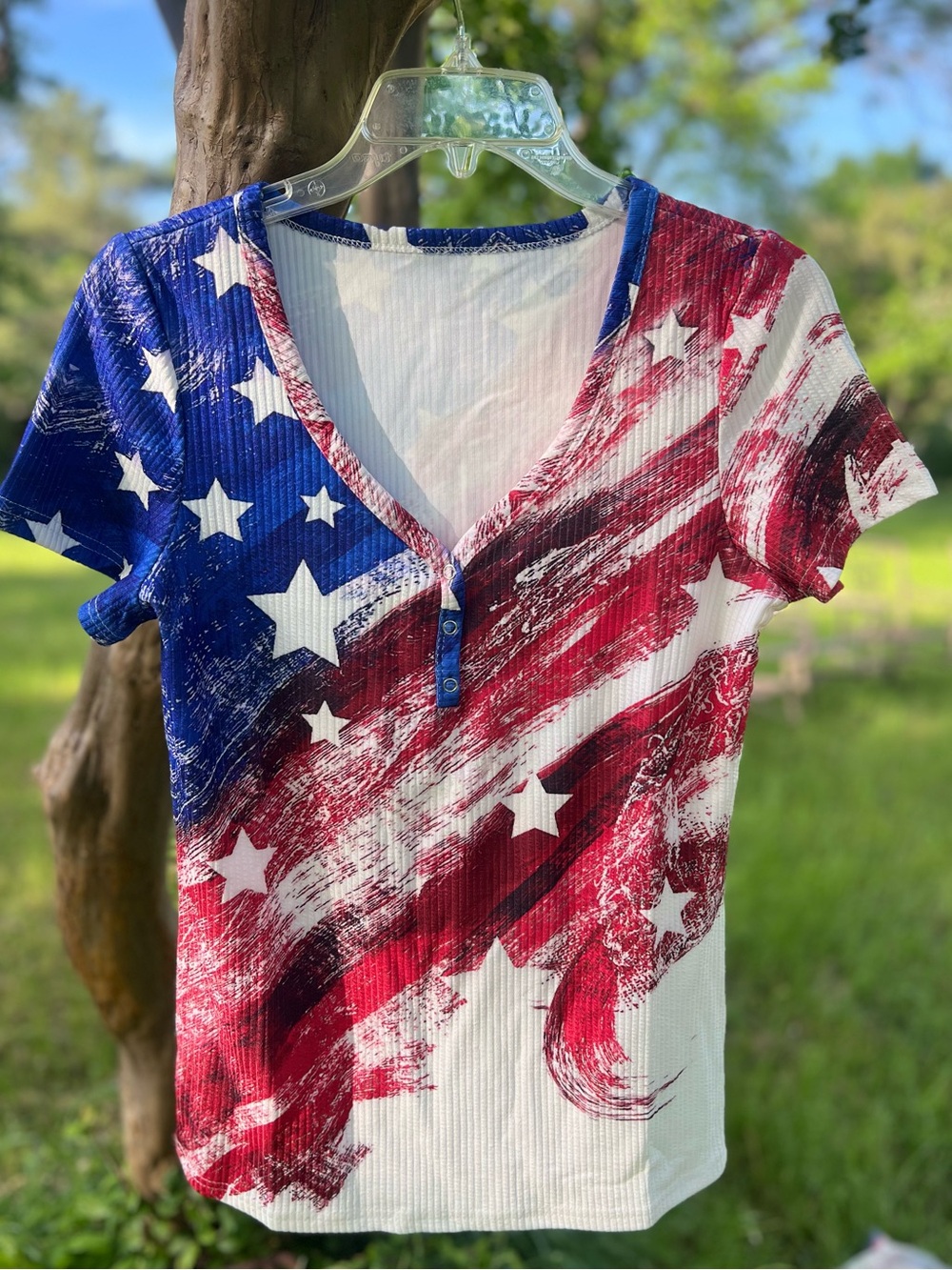 Women’s Patriotic Stars & Stripes V-Neck Tee-Shirt in Red, White & Blue